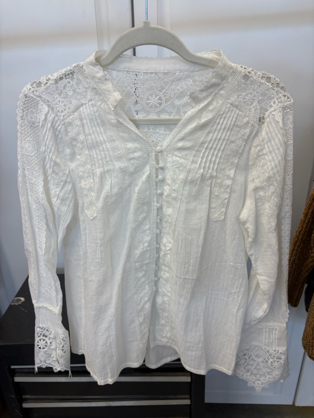 White Lace-Trim V-Neck Button Blouse for Women